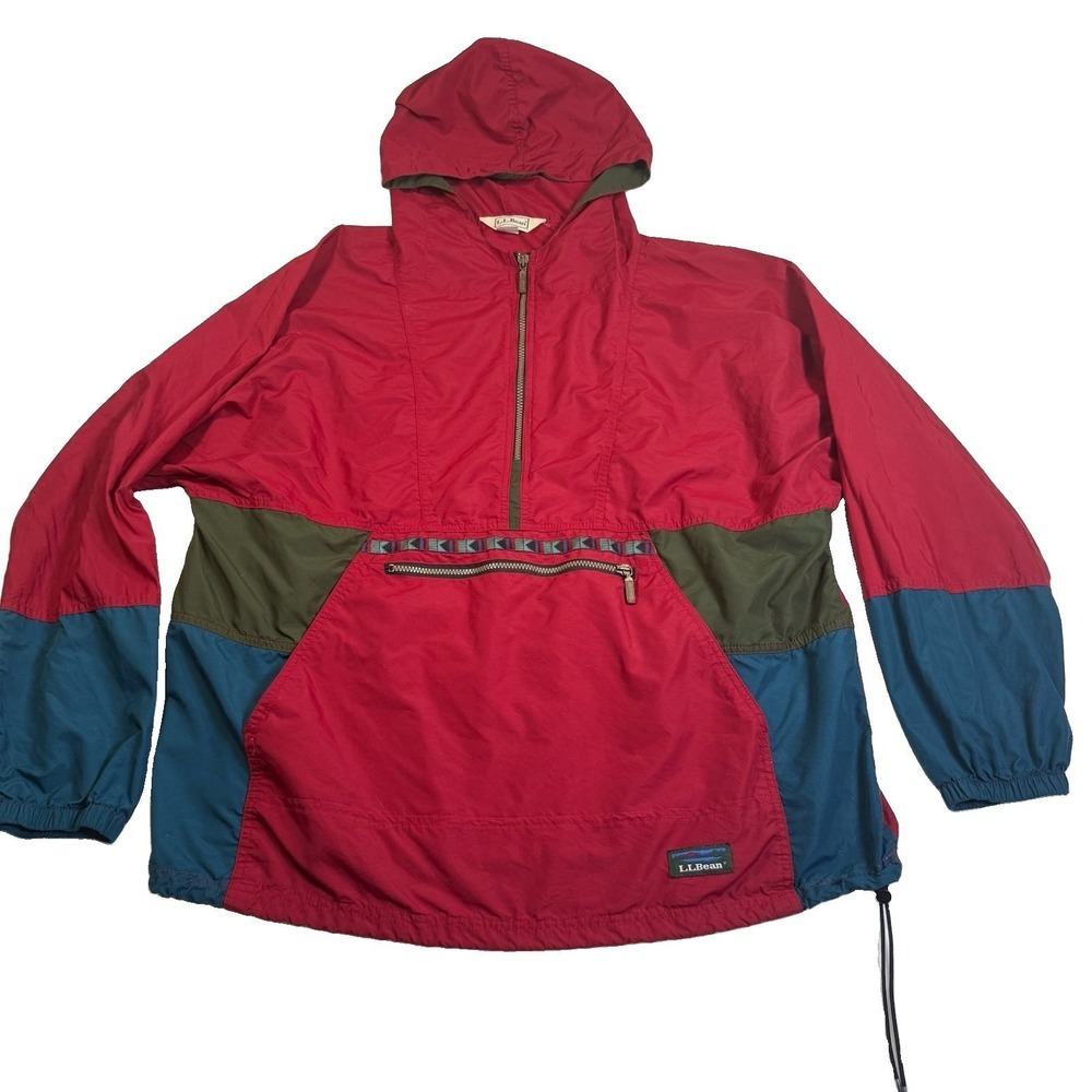 LL Bean Anorak Jacket Mens XL Red Vintage Colorblock Hooded Pullover 1/2 Zip